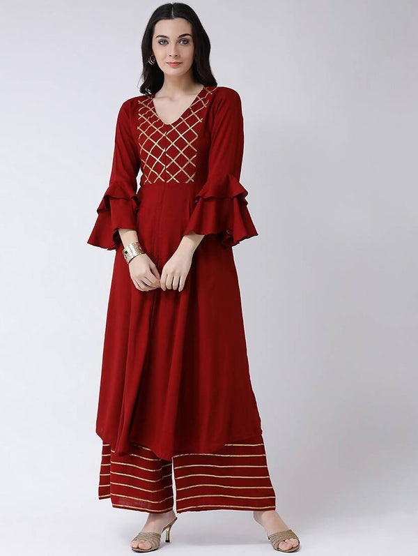 Women's Maroon Viscose Rayon A-Line Kurta With Palazzo Pant Set - Cheera