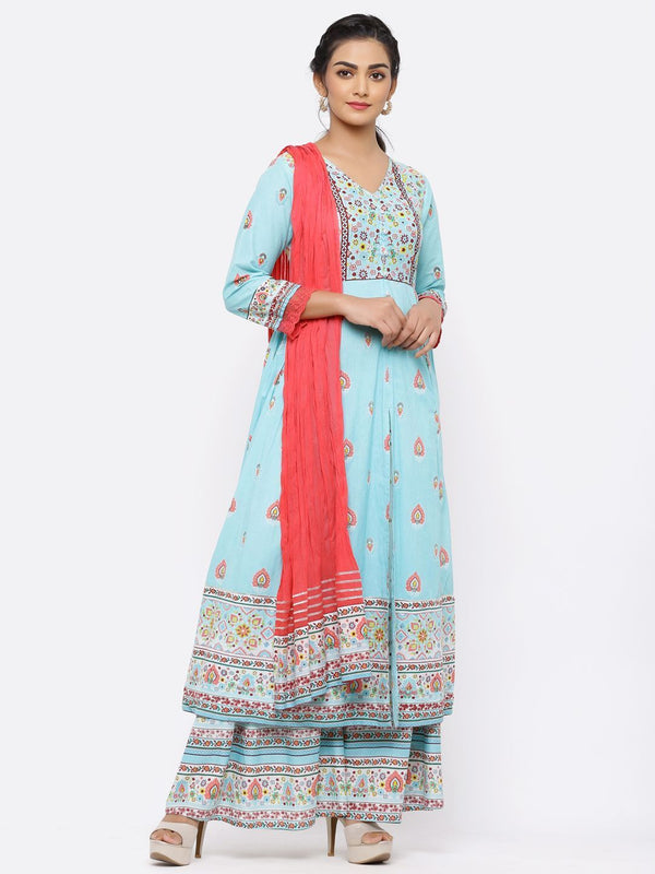 Women's Blue Cambric Printed Anarkali Kurta With Dupatta - Juniper