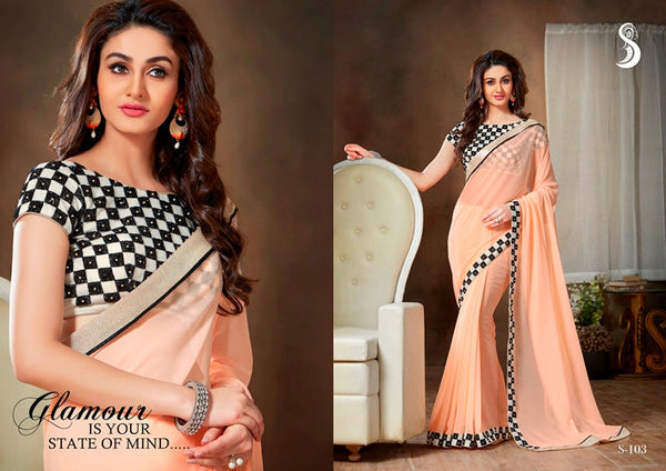 Women's Peach Designer Georgette Embroidery Saree - Vamika