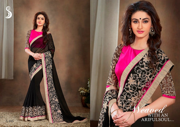 Women's Black Designer Georgette Embroidery Saree - Vamika