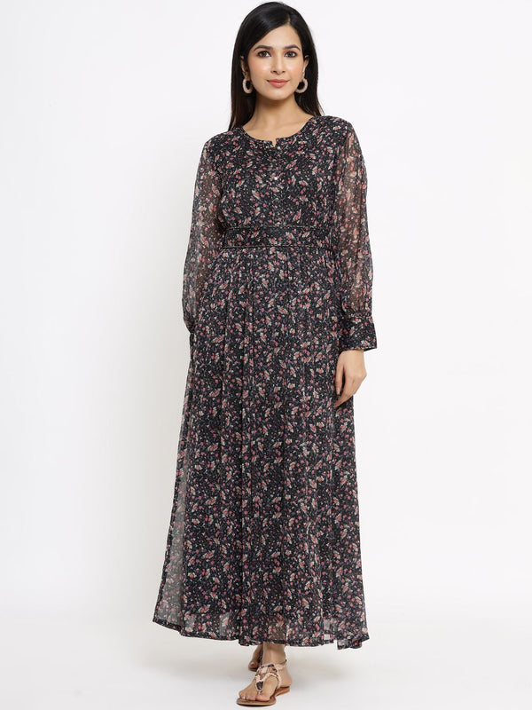 Women's Navy Chiffon Flared Printed Dress With Tie-up Blet - Juniper