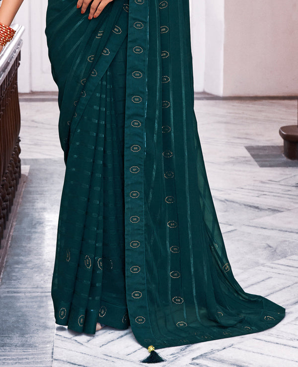 Women's Teal Georgette Design Saree With Unstitched Blouse Piece - Navyaa