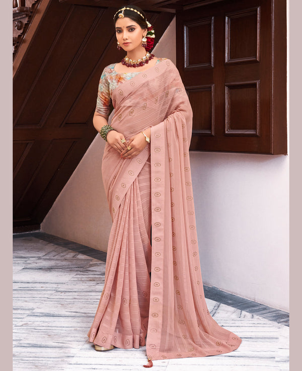 Women's Peach Georgette Design Saree With Unstitched Blouse Piece - Navyaa