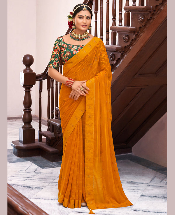 Women's Mustard Georgette Design Saree With Unstitched Blouse Piece - Navyaa