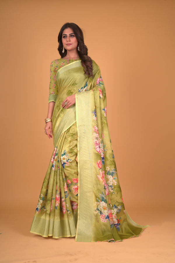 Women's Green Cotton Silk Floral Printed Saree With Unstitched Blouse Piece - Navyaa