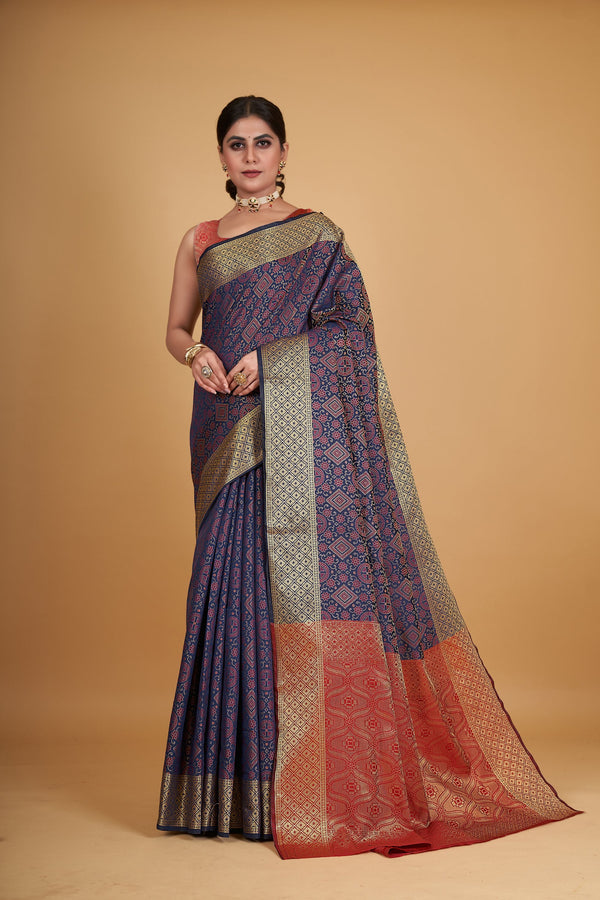 Women's Dark Blue Silk Woven Design Saree With Unstitched Blouse Piece - Navyaa