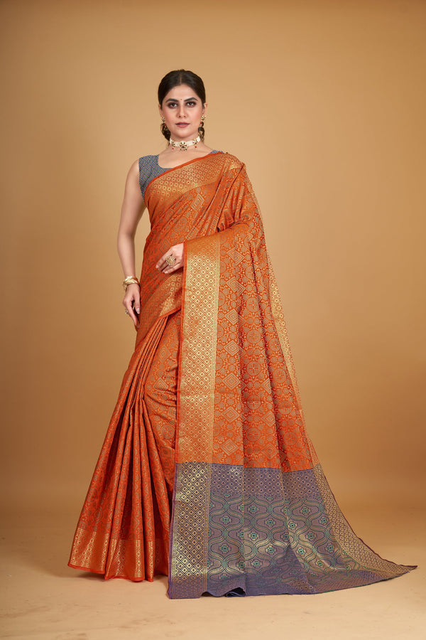 Women's Orange Silk Woven Design Saree With Unstitched Blouse Piece - Navyaa