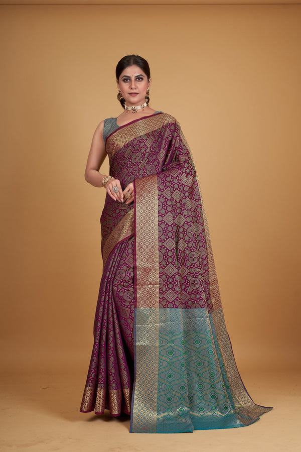 Women's Wine Silk Woven Design Saree With Unstitched Blouse Piece - Navyaa