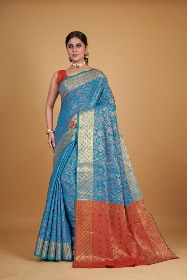 Women's Blue Silk Woven Design Saree With Unstitched Blouse Piece - Navyaa