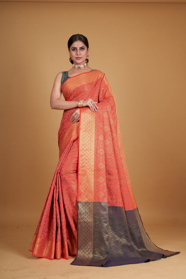 Women's Peach Silk Woven Design Saree With Unstitched Blouse Piece - Navyaa