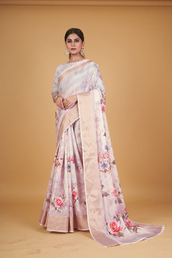 Women's White Cotton Silk Digital Printed Saree With Unstitched Blouse Piece - Navyaa