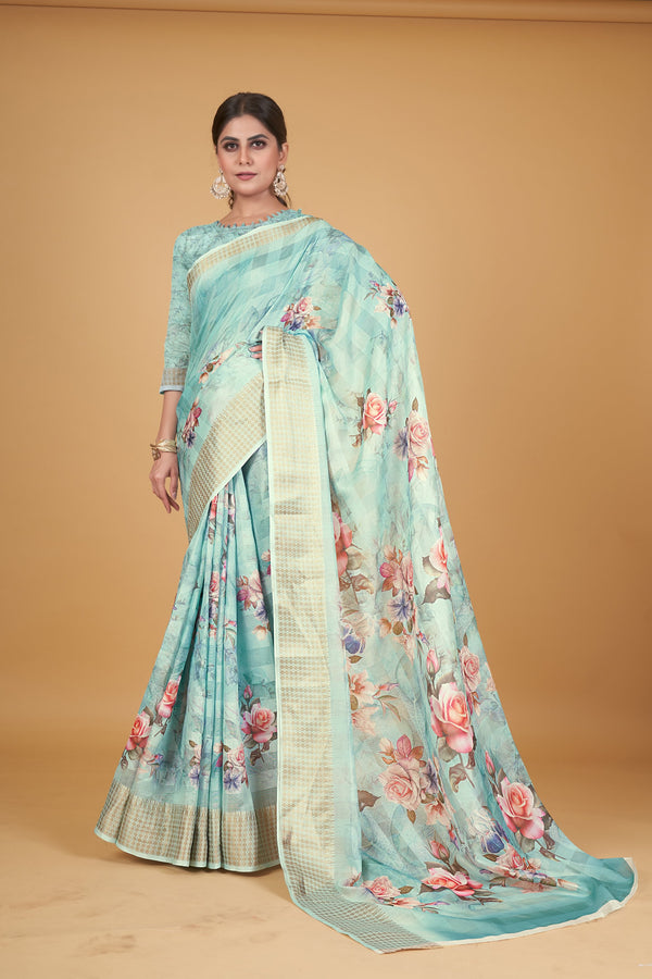 Women's Blue Cotton Silk Digital Printed Saree With Unstitched Blouse Piece - Navyaa