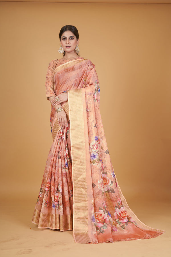 Women's Orange Cotton Silk Digital Printed Saree With Unstitched Blouse Piece - Navyaa