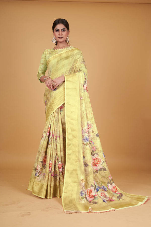 Women's Yellow Cotton Silk Digital Printed Saree With Unstitched Blouse Piece - Navyaa