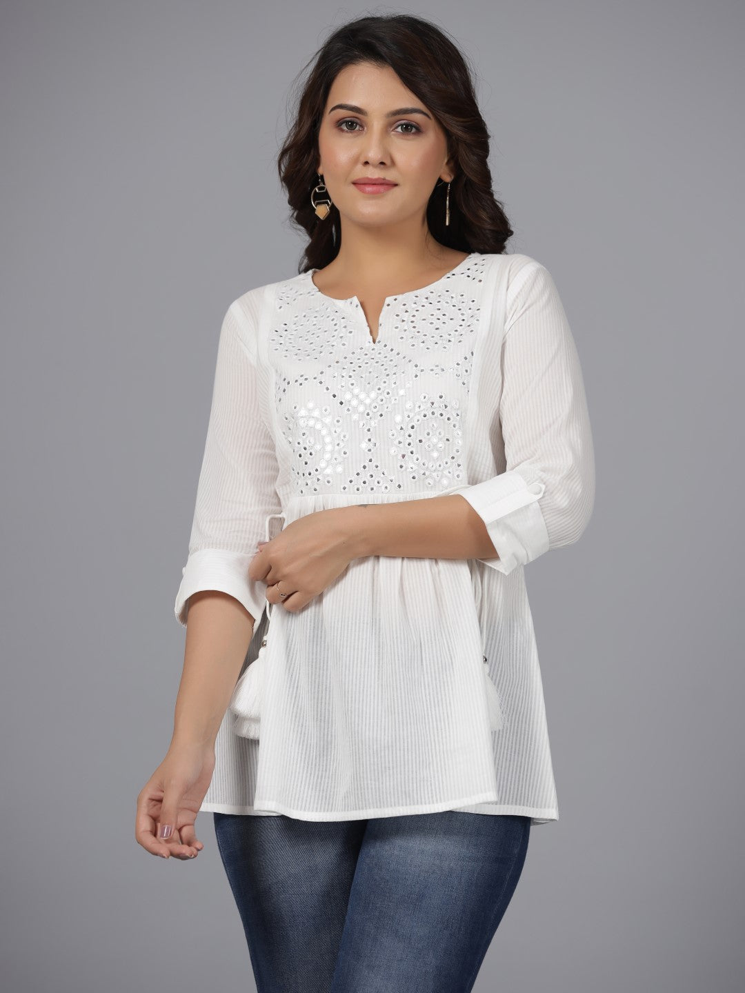 Women's White Cotton Dobby Solid With Embroidered A-Line Tunic - Juniper