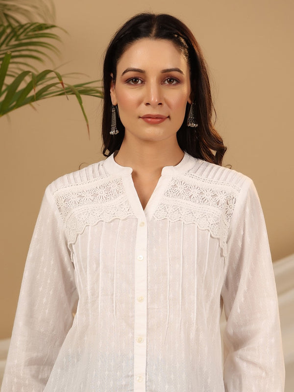 Jashvi White Solid Cotton Dobby High- Low Lacy Tunic With Pin Tucks & Broad Cuffs