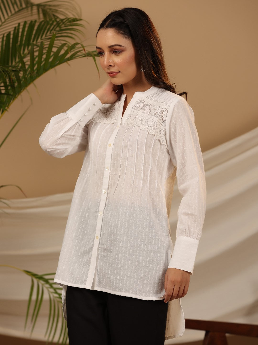 Women's White Cotton Dobby Solid High-Low Tunic - Juniper