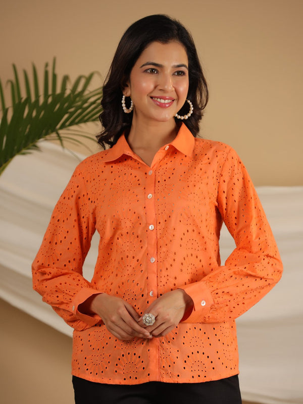 Jashvi Orange Cotton Schiffli Women Solid Shirt With Broad Cuff