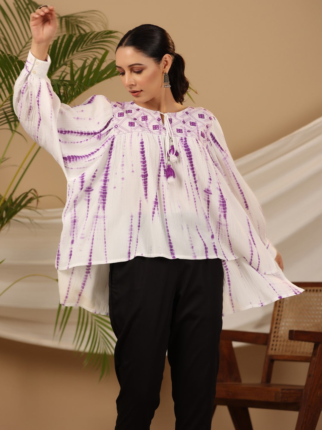 Women's Lavender Rayon Crepe Embroidered Flared Tunic - Juniper