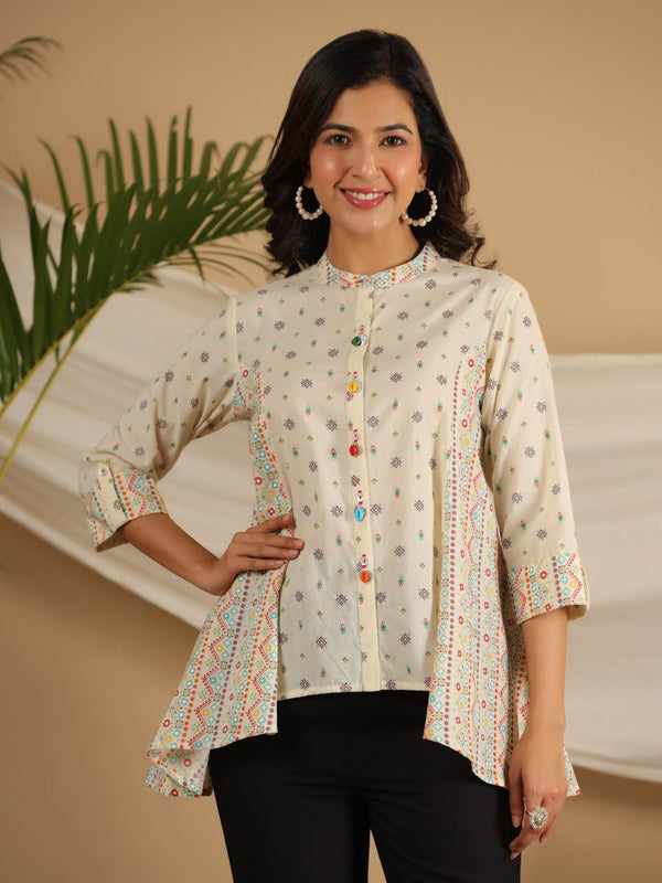 Jashvi Ivory Tribal printed Pure Cotton Shirt Style Tunic With Beads work