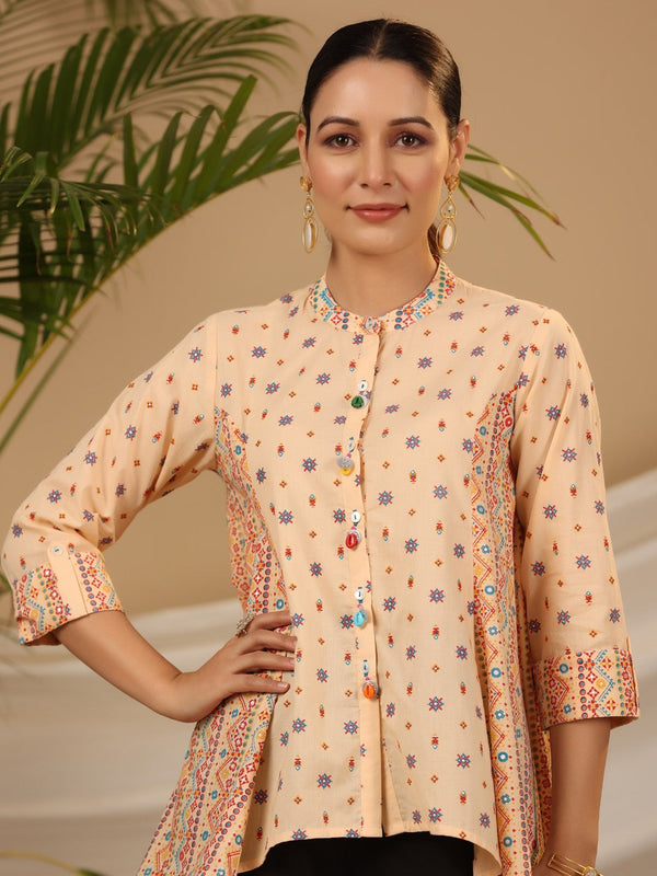 Jashvi Peach Tribal Printed Pure Cotton Tunic With Beads Work