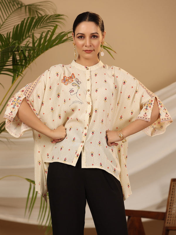 Jashvi Off white Geometric Printed Rayon Crepe Shirt Style Tunic With Beads & Sequins Work