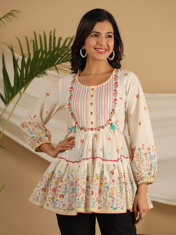 Jashvi Women Off-White Floral Printed Cotton Peplum Tunic With Thread Embroidery