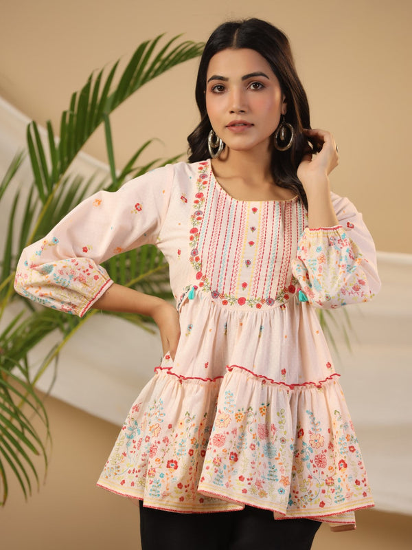 Jashvi The Wonderland Women Peach Floral Printed Cotton Peplum Tunic With Thread Embroidery