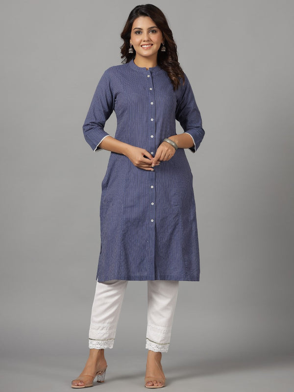 Jashvi Navy Blue Stripped Cotton Dobby Kurta With Quarter-Sleeved Inner Layer