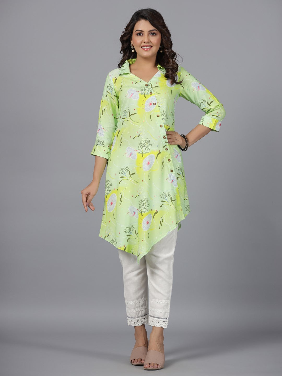 Women's Lime Green Rayon Printed Asymmetric Kurta - Juniper