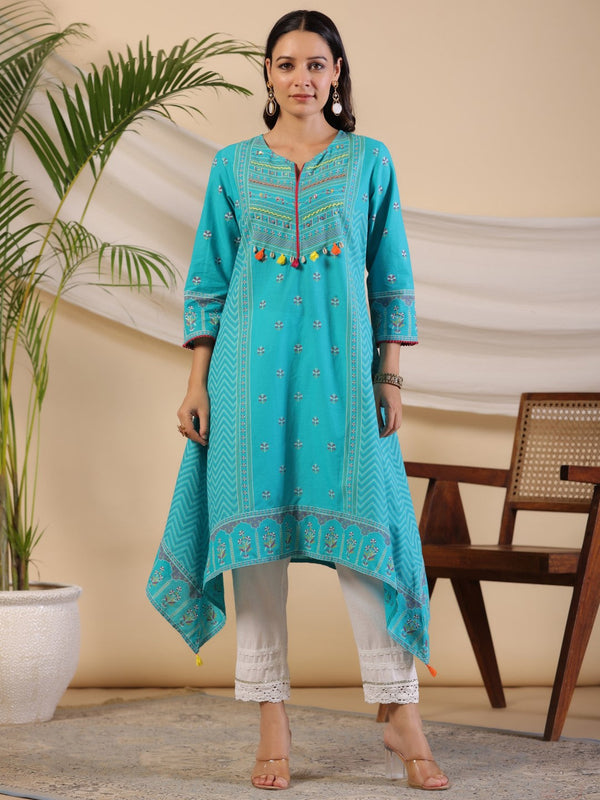 Jashvi Teal Dobby Cotton Kurta With Beads & Sequins Work