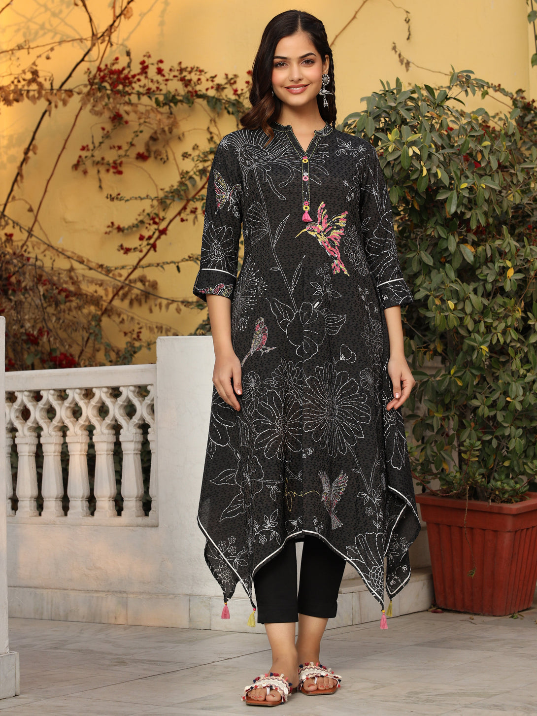 Women's Black Nylon Dobby Printed Asymmetric Kurta - Juniper