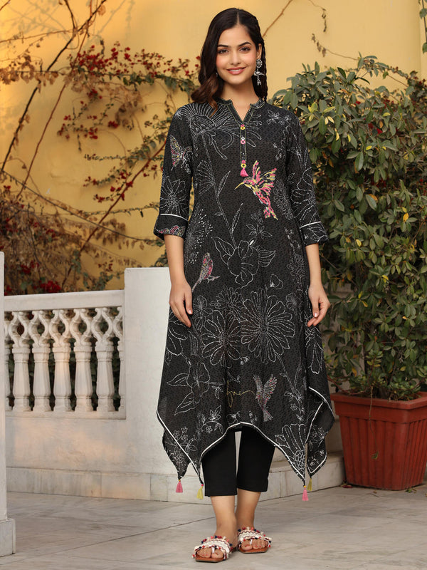 Jashvi The Dhara Black Floral Printed Nylon Dobby Kurta