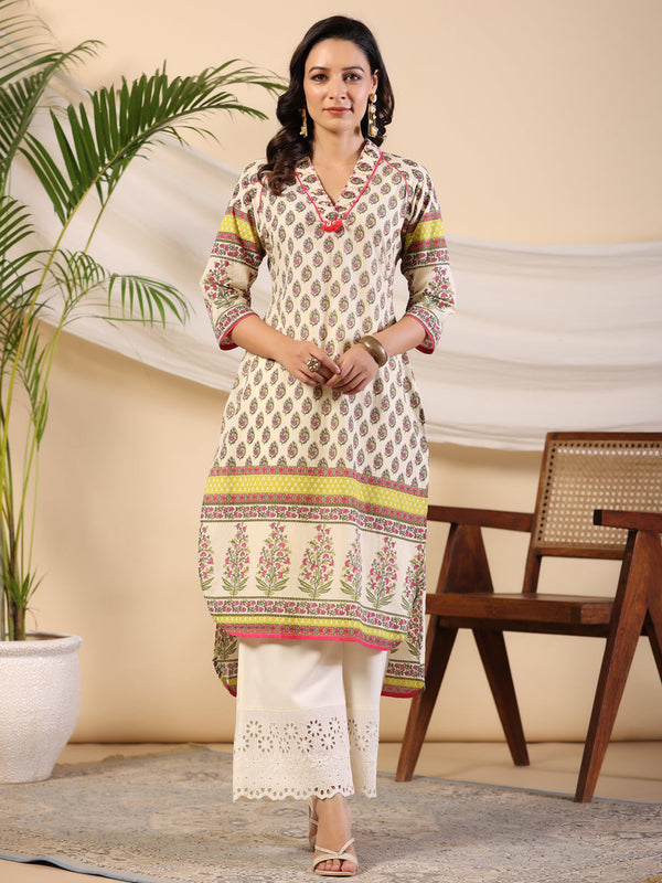 Jashvi Women Beige Ethnic Motif Printed High Low Cotton Kurta With Kaudis Tassels & Contract Piping