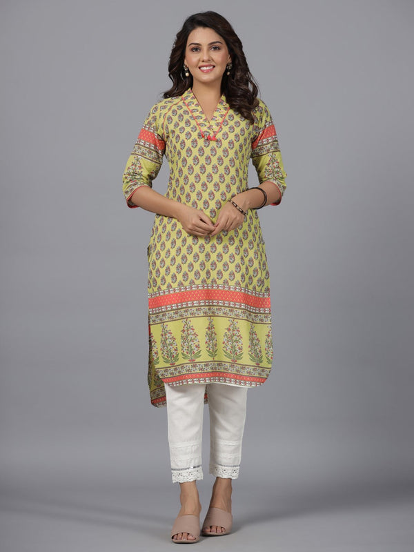 Jashvi Women Lime Green Ethnic Motif Printed High Low Cotton Kurta With Kaudis Tassels & Contract Piping