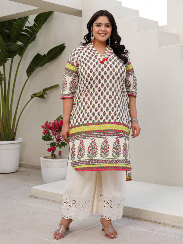 Jashvi The Madhubala Women Beige Ethnic Motif Printed High Low Cotton Plus Size Kurta With Kaudis Tassels & Contract Piping