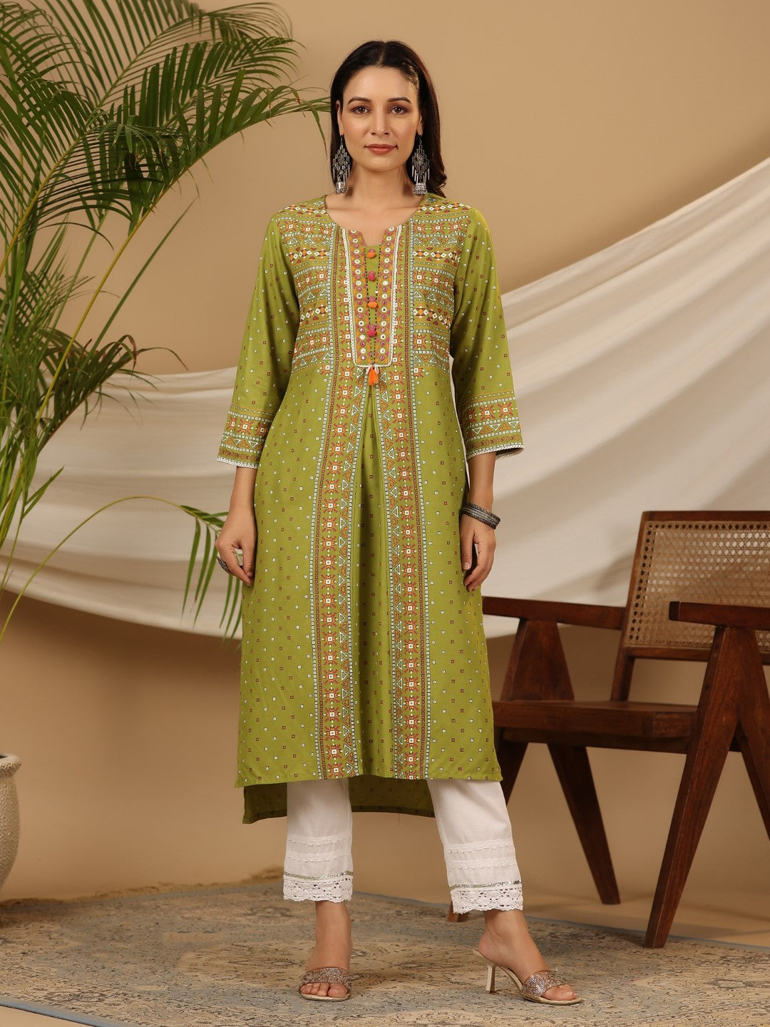 Women's Green Rayon Printed High-Low Straight Kurta - Juniper