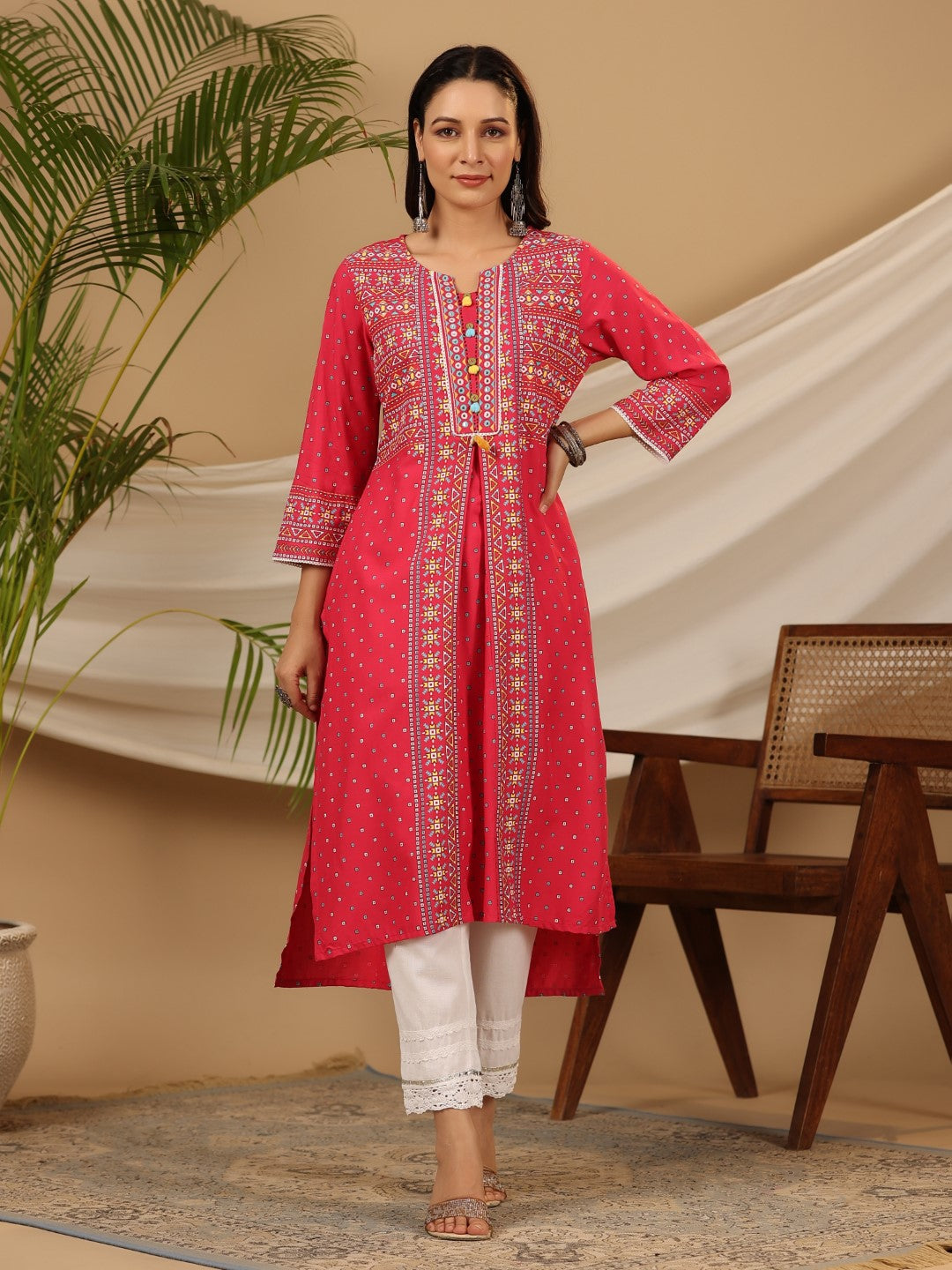 Women's Pink Rayon Printed High-Low Straight Kurta - Juniper