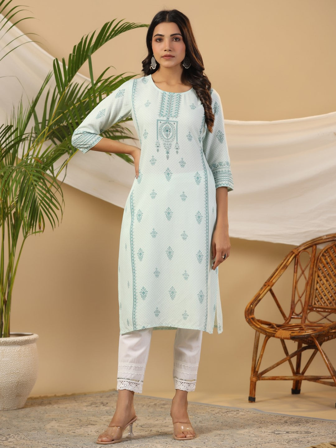 Women's Mint Rayon Printed Straight Kurta - Juniper