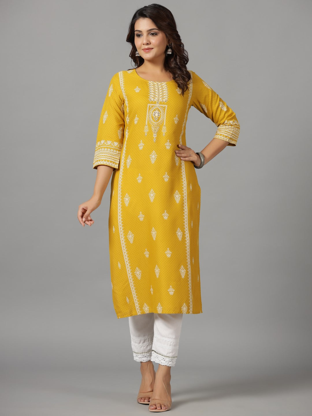 Women's Mustard Rayon Printed Straight Kurta - Juniper