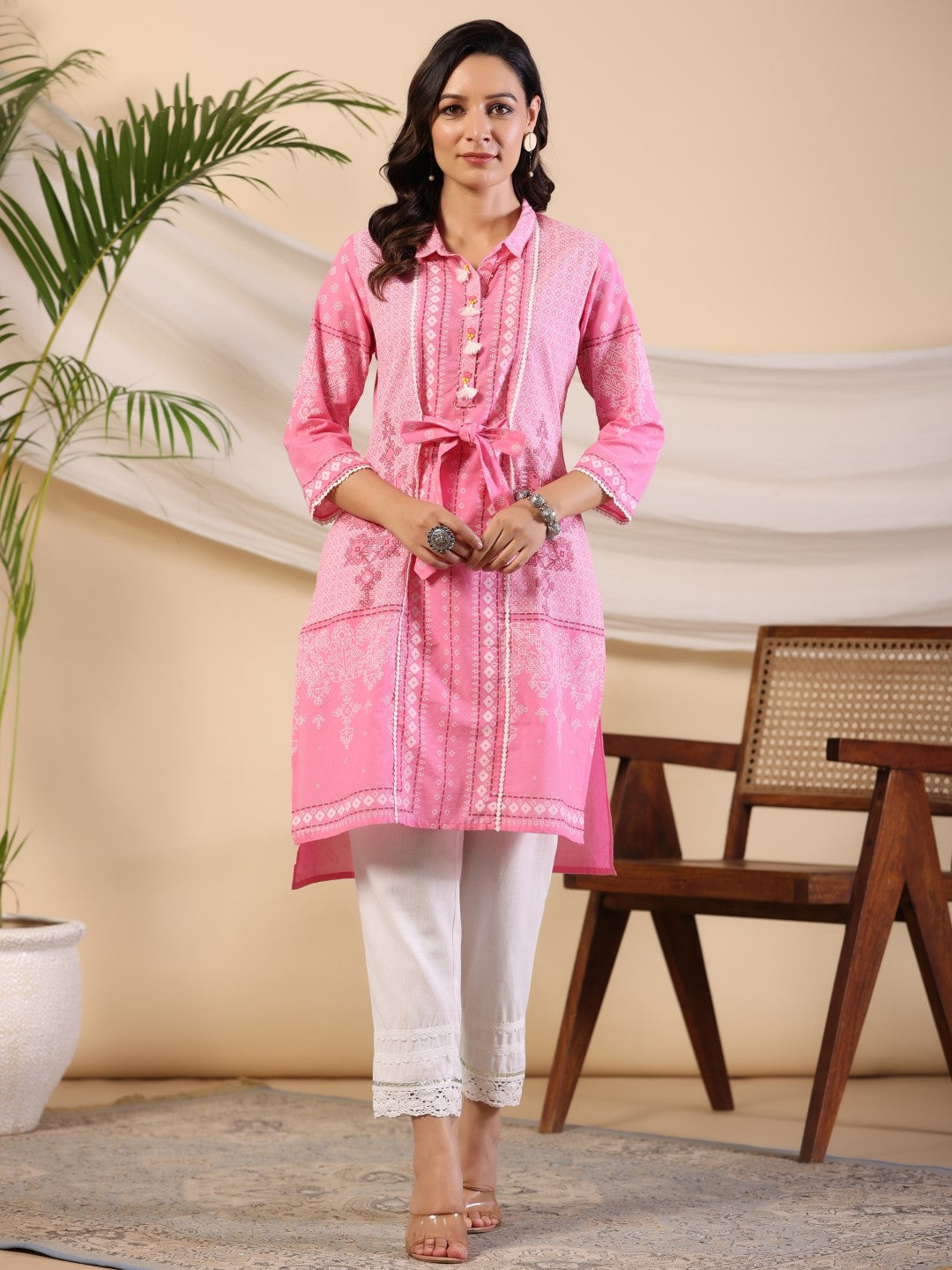 Women's Pink Cotton Cambric Printed Straight Kurta - Juniper