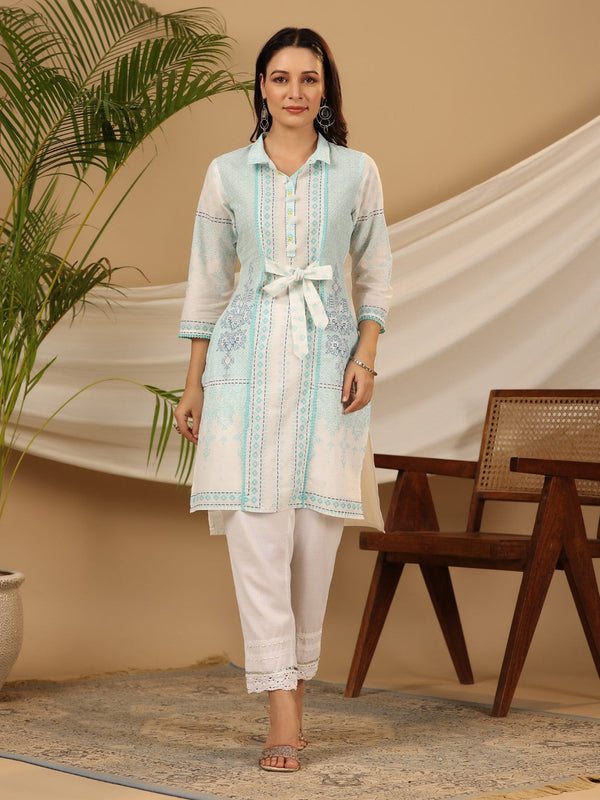 Jashvi The Dhara Tie-Up Sky Blue Geometric Printed Cotton Fusion Kurta With Contest 3D Beadwork & Tassels