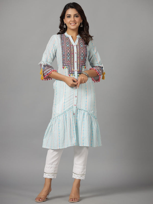 Jashvi The Banjara Blue Cotton Geometric Printed Tiered Fusion Kurta With Contrasting Pom-Pom Lace