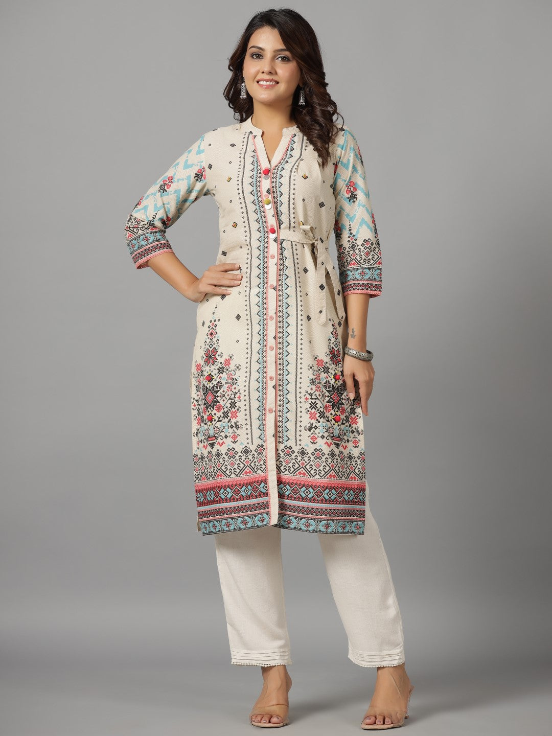 Women's Beige Cotton Cambric Printed Straight Kurta - Juniper