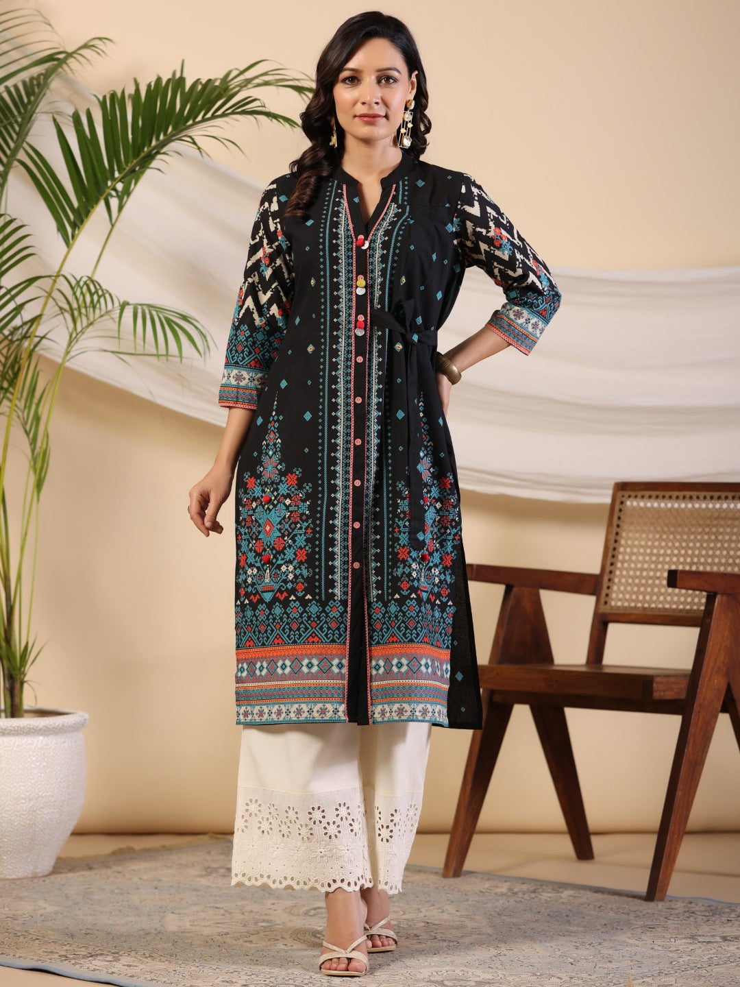 Women's Black Cotton Cambric Printed Straight Kurta - Juniper