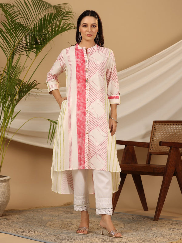 Jashvi Multi-colour Stripped Pure Cotton Kurta With Beads Work