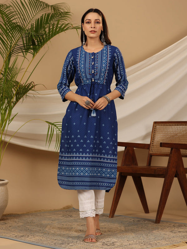 Jashvi The Madhubala Women Blue Geometric Printed Rayon Kurta With Contrast Beadwork Sequins & Tassels