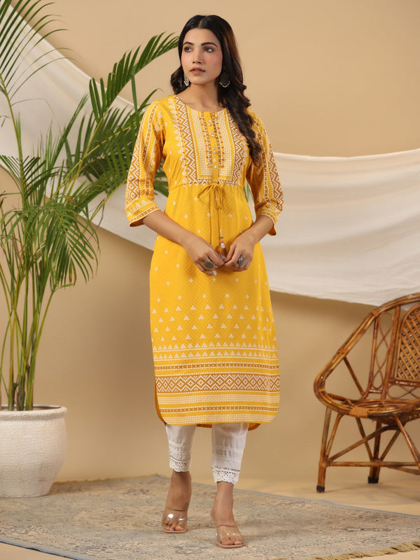 Jashvi The Madhubala Women Mustard Geometric Printed Rayon Kurta With Contrast Beadwork Sequins & Tassels