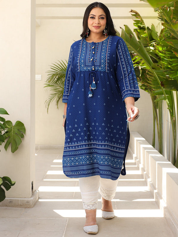 Jashvi The Madhubala Women Blue Geometric Printed Rayon Plus Size Kurta With Contrast Beadwork Sequins & Tassels