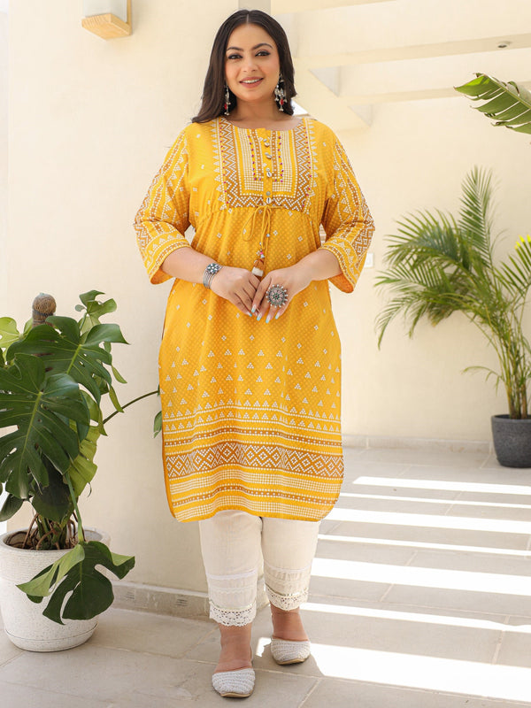 Jashvi The Madhubala Women Mustard Geometric Printed Rayon Plus Size Kurta With Contrast Beadwork Sequins & Tassels